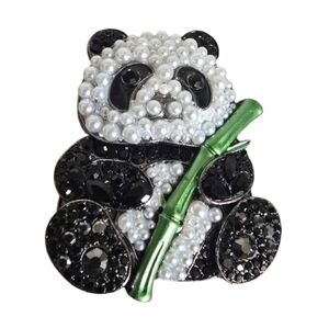 Panda Bear Animal Brooch Pin Pearl Black White Green Bamboo Rhinestone Jeweled